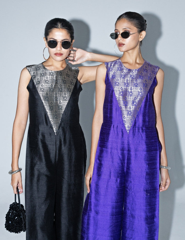 Black Brocade Silk Jumpsuit Sobariko - Fabilicious Fashion
