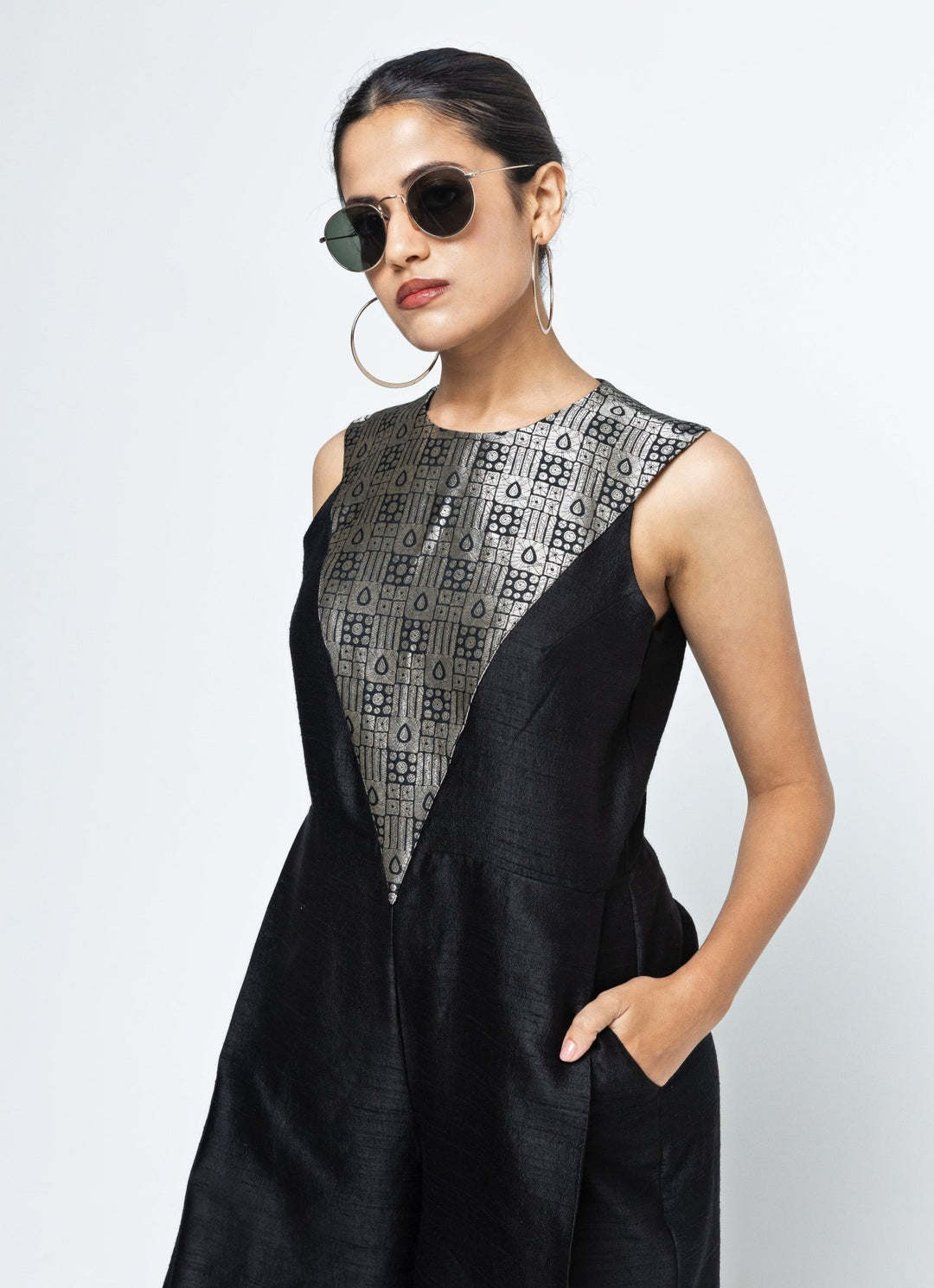 Black Brocade Silk Jumpsuit Sobariko - Fabilicious Fashion