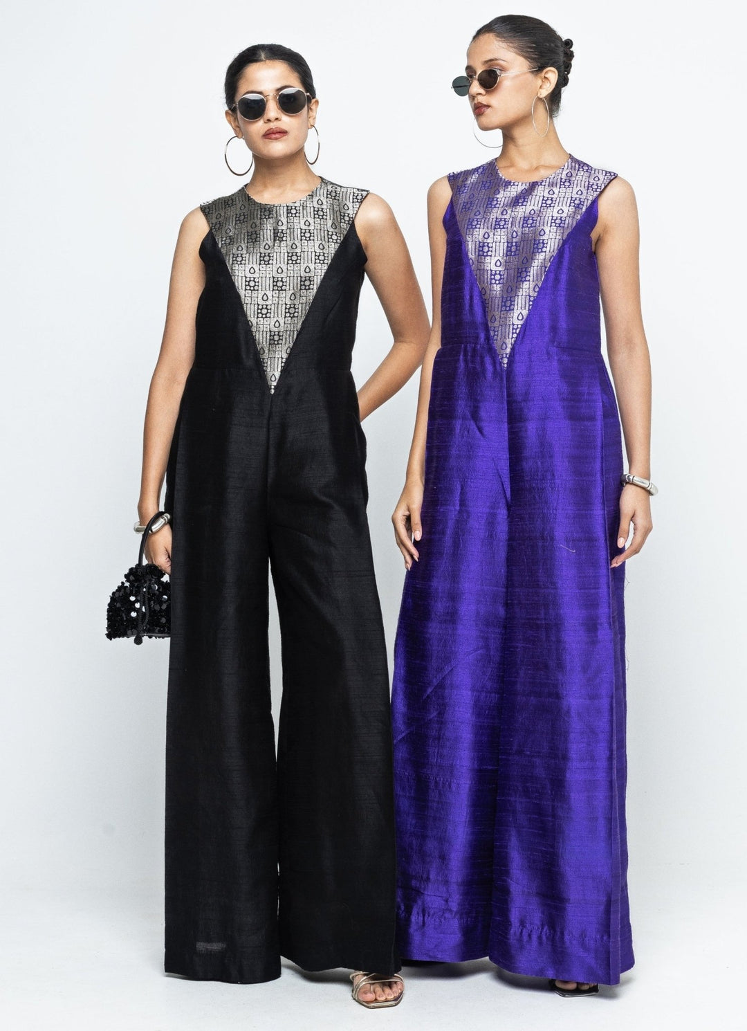 Black Brocade Silk Jumpsuit Sobariko - Fabilicious Fashion