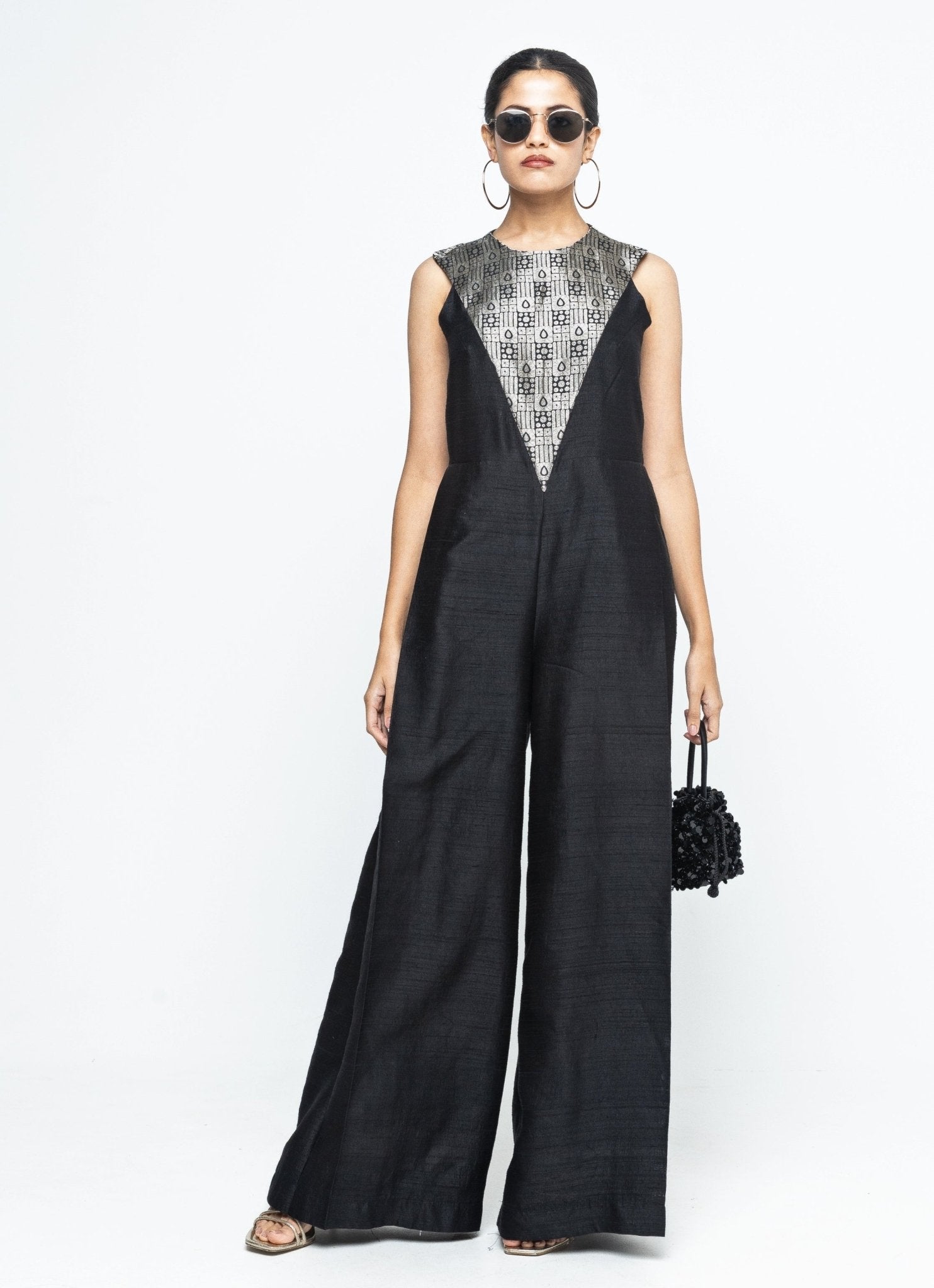 Black brocade silk indo western jumpsuit for Indian wedding guest evening wear