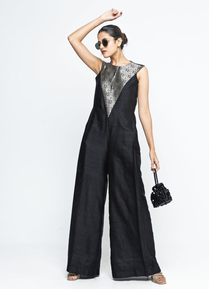 Black Brocade Silk Jumpsuit Sobariko - Fabilicious Fashion