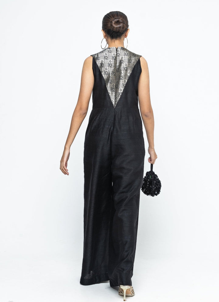 Black Brocade Silk Jumpsuit Sobariko - Fabilicious Fashion