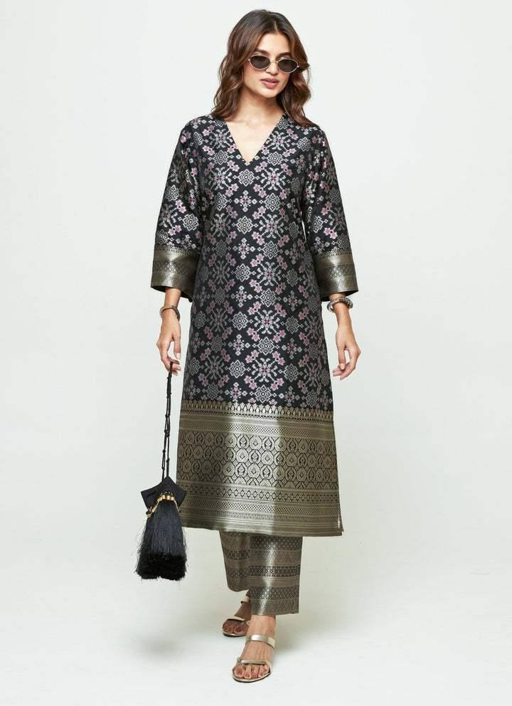 Sobariko Black Brocade Silk Long Kurta Pants SetFabilicious Fashion
