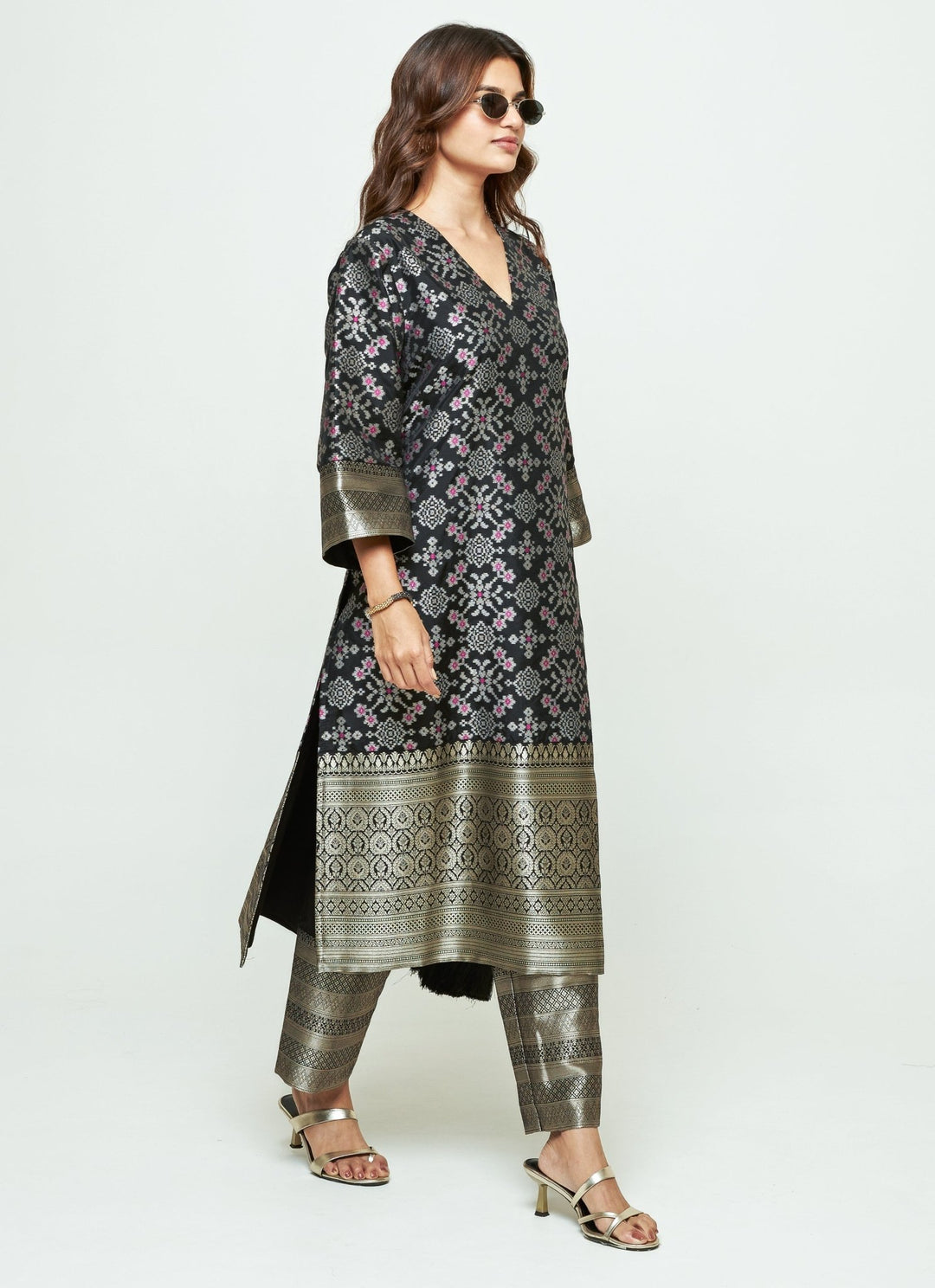 Sobariko Black Brocade Silk Long Kurta Pants SetFabilicious Fashion