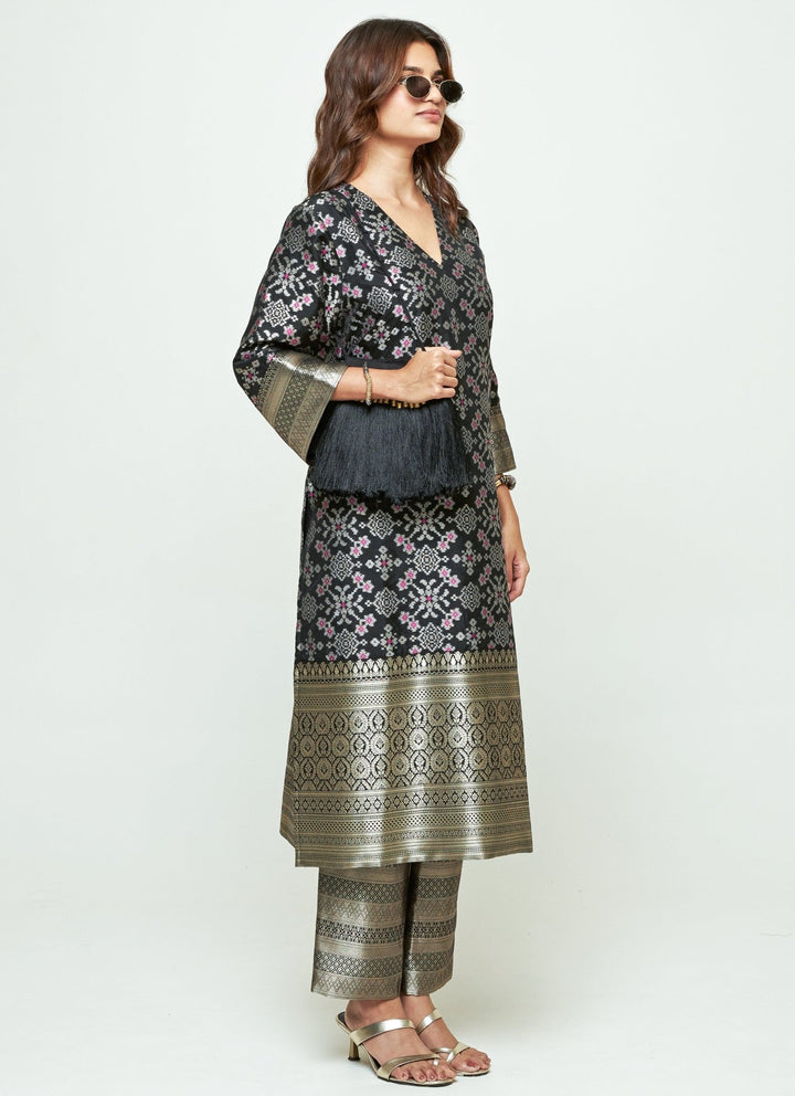 Sobariko Black Brocade Silk Long Kurta Pants SetFabilicious Fashion