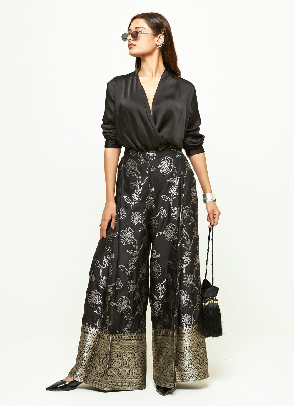 Sobariko Black Brocade Silk Pants Set With Wrap ShirtFabilicious Fashion