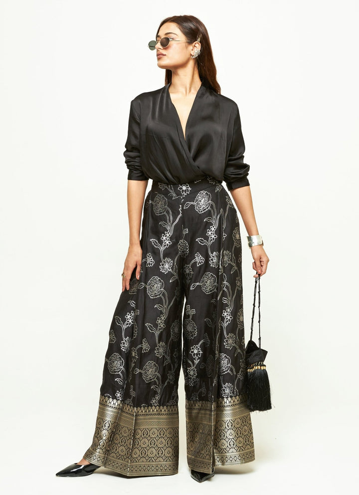 Sobariko Black Brocade Silk Pants Set With Wrap ShirtFabilicious Fashion