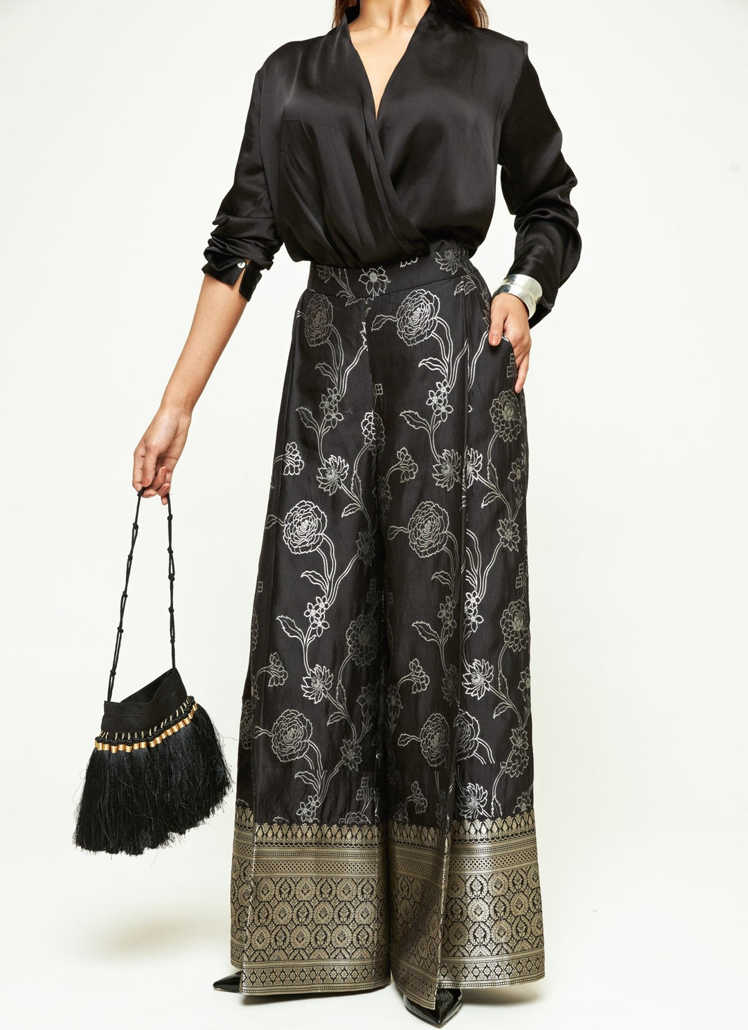 Sobariko Black Brocade Silk Pants Set With Wrap ShirtFabilicious Fashion