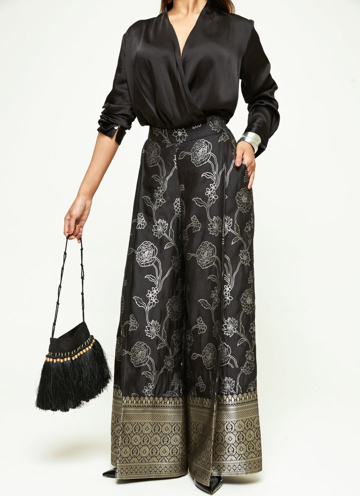 Sobariko Black Brocade Silk Pants Set With Wrap ShirtFabilicious Fashion