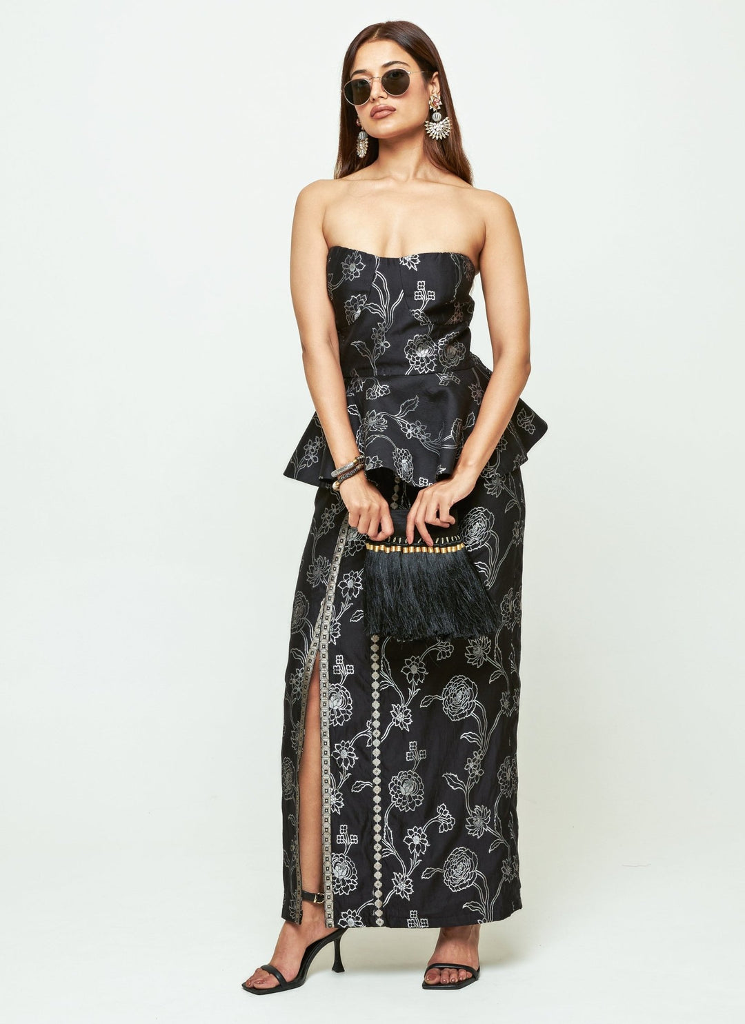 Sobariko Black Brocade Silk Peplum Top With Slit Skirt SetFabilicious Fashion