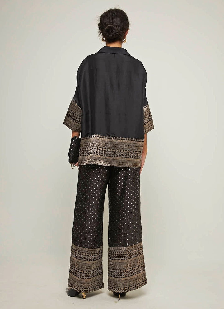 Black Brocade Silk Shirt And Pants Set Sobariko - Fabilicious Fashion