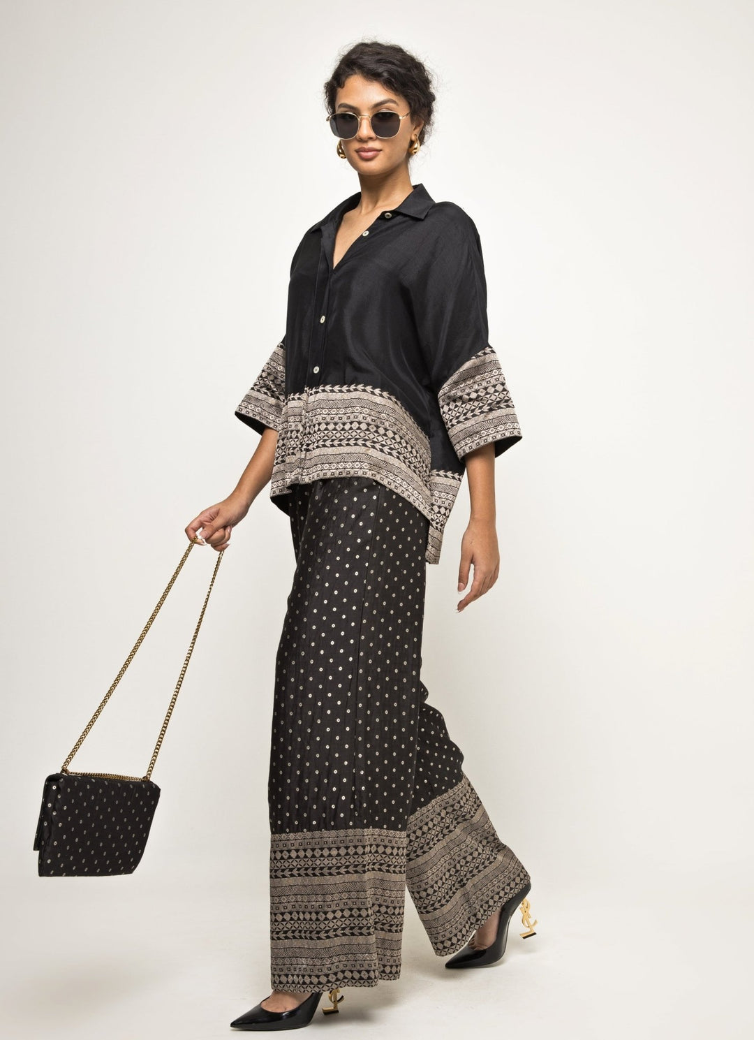 Black Brocade Silk Shirt And Pants Set Sobariko - Fabilicious Fashion