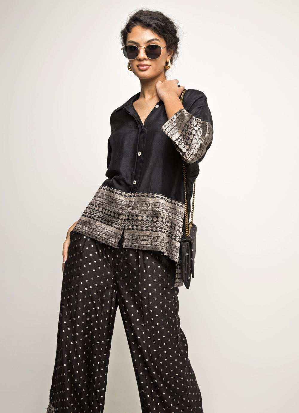 Black Brocade Silk Shirt And Pants Set Sobariko - Fabilicious Fashion