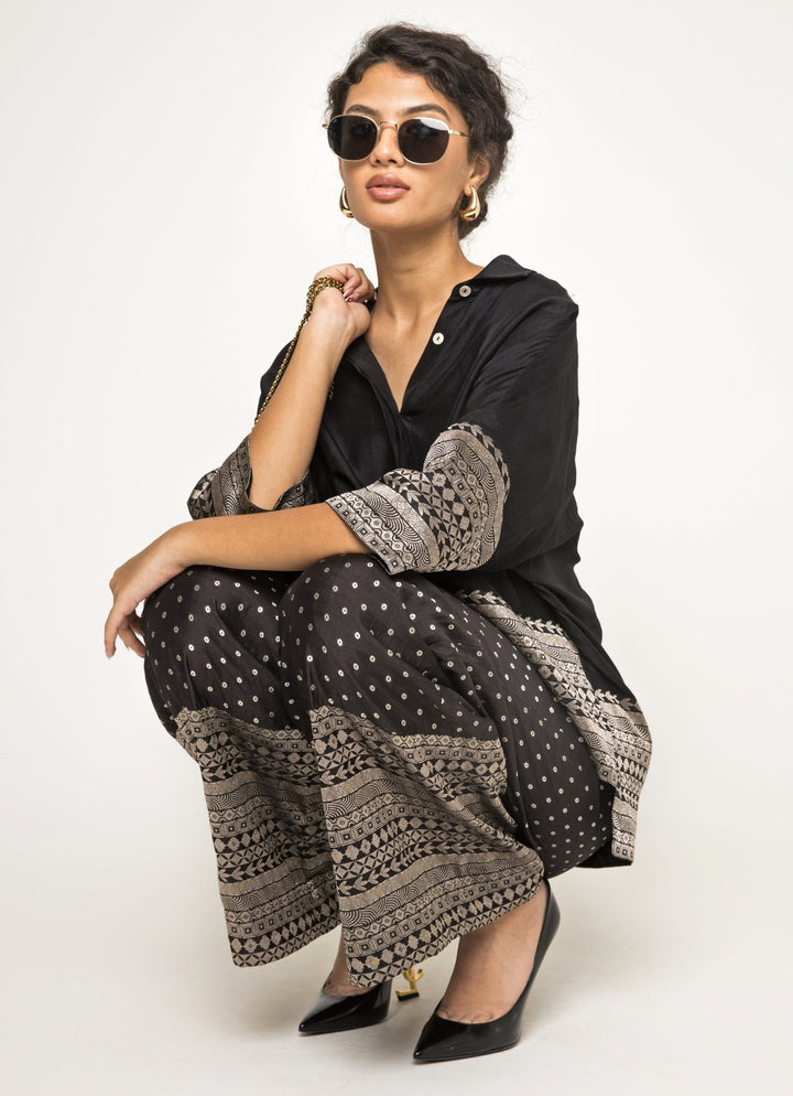 Black Brocade Silk Shirt And Pants Set Sobariko - Fabilicious Fashion