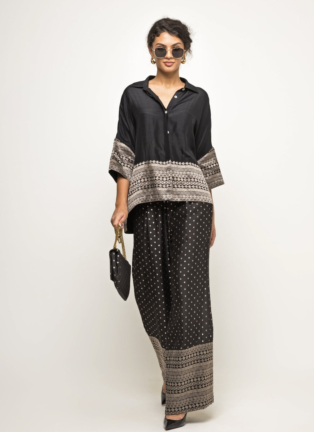 Black Brocade Silk Shirt And Pants Set Sobariko - Fabilicious Fashion
