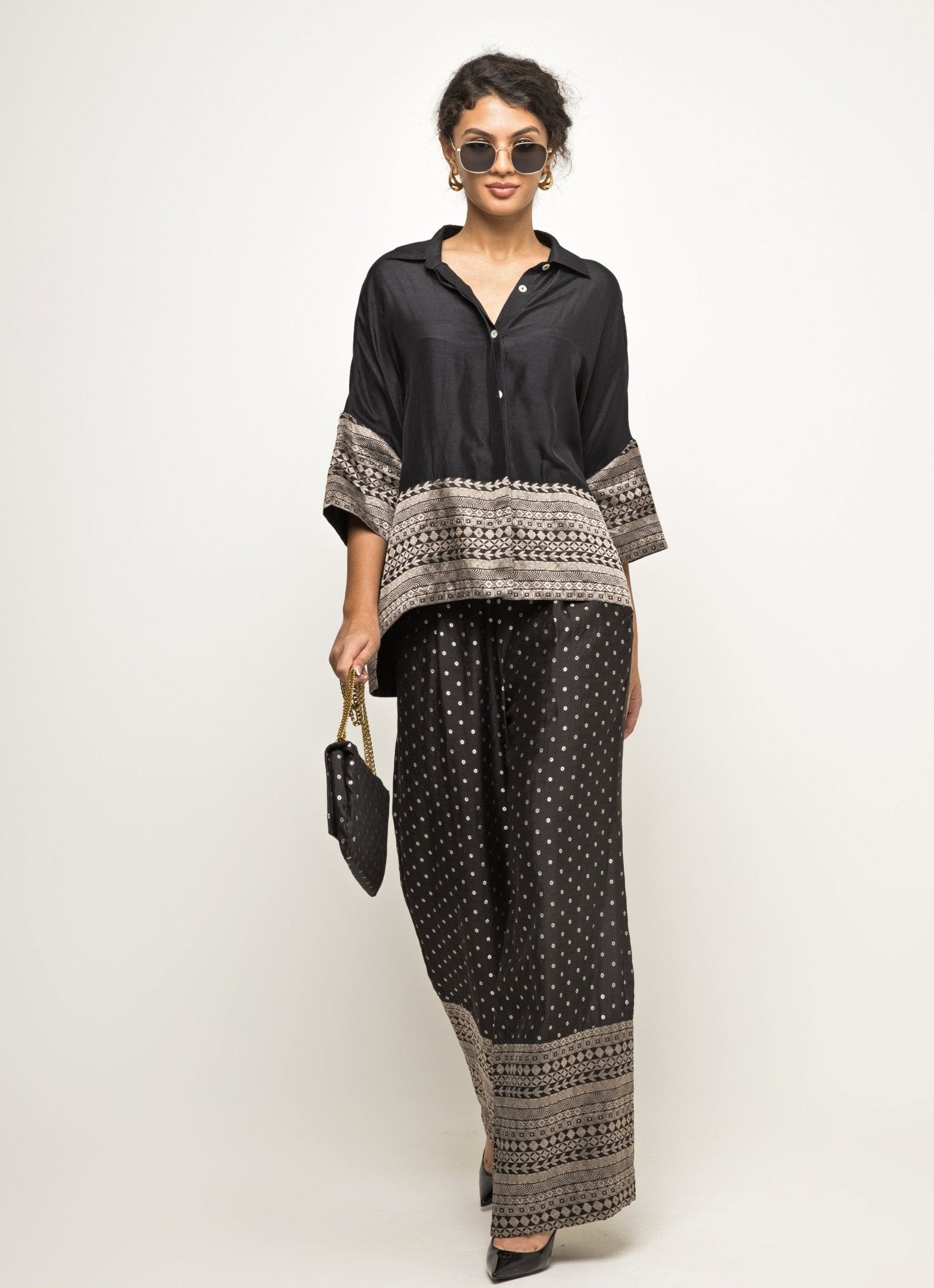 Black brocade silk shirt and pants set for a pre-party or post-party by Sobariko