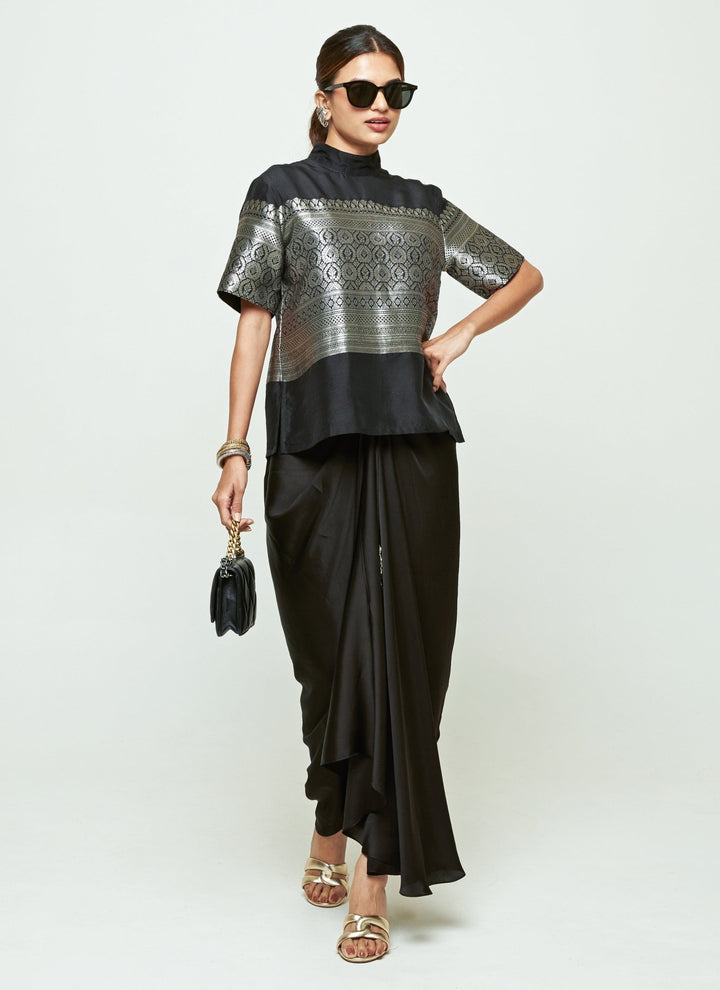 Sobariko Black Brocade Silk Top With Draped Skirt SetFabilicious Fashion