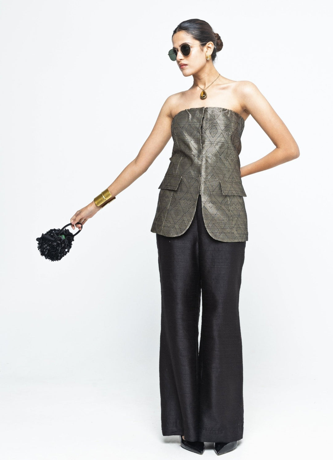 Black Brocade Silk Tube Jacket With Pants Sobariko - Fabilicious Fashion