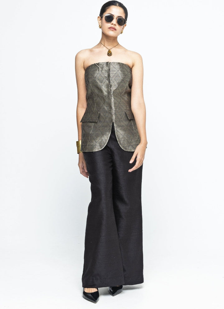 Black Brocade Silk Tube Jacket With Pants Sobariko - Fabilicious Fashion