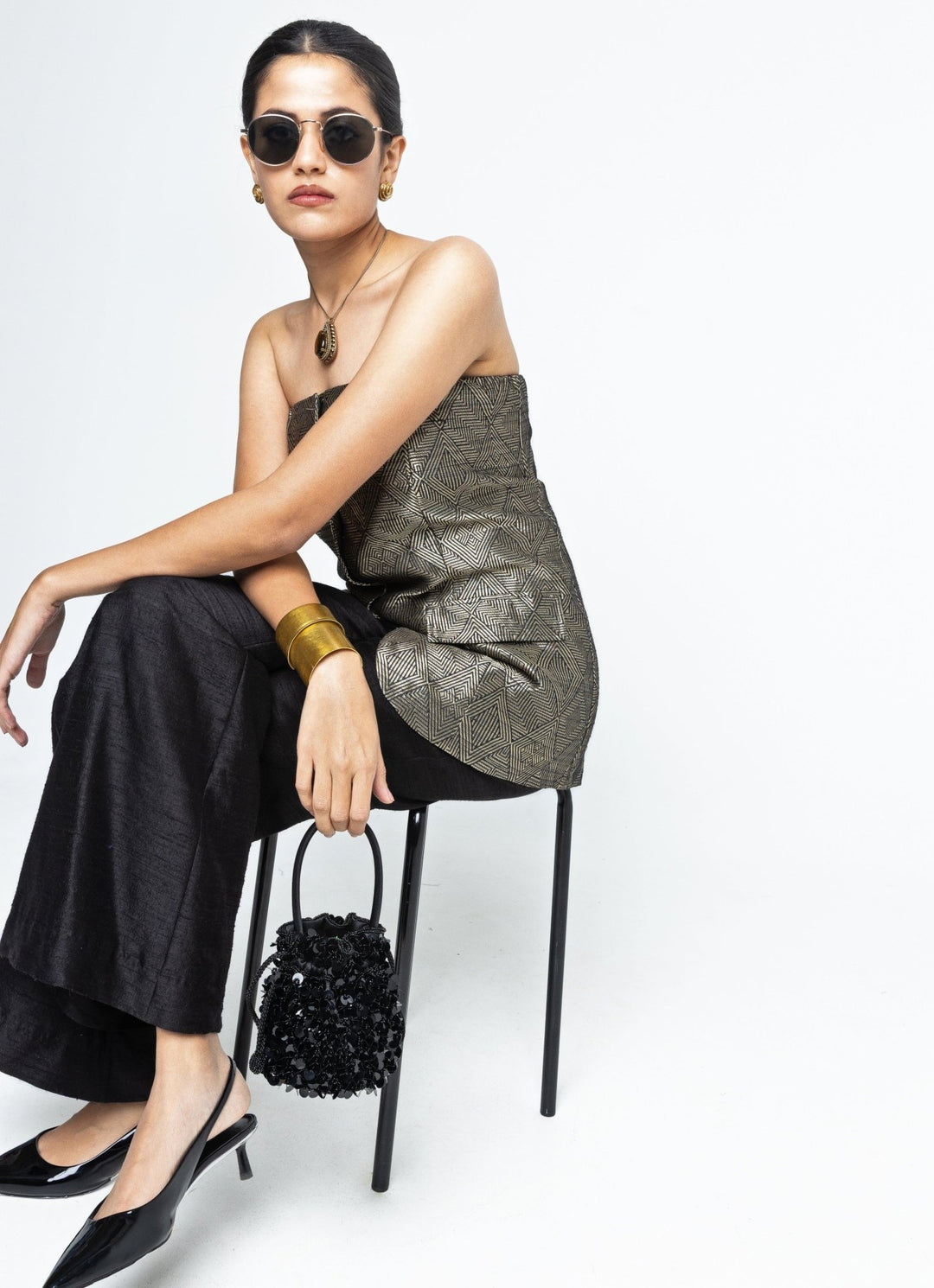 Black Brocade Silk Tube Jacket With Pants Sobariko - Fabilicious Fashion