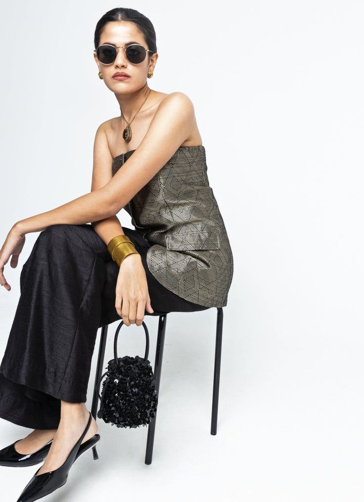 Black Brocade Silk Tube Jacket With Pants Sobariko - Fabilicious Fashion