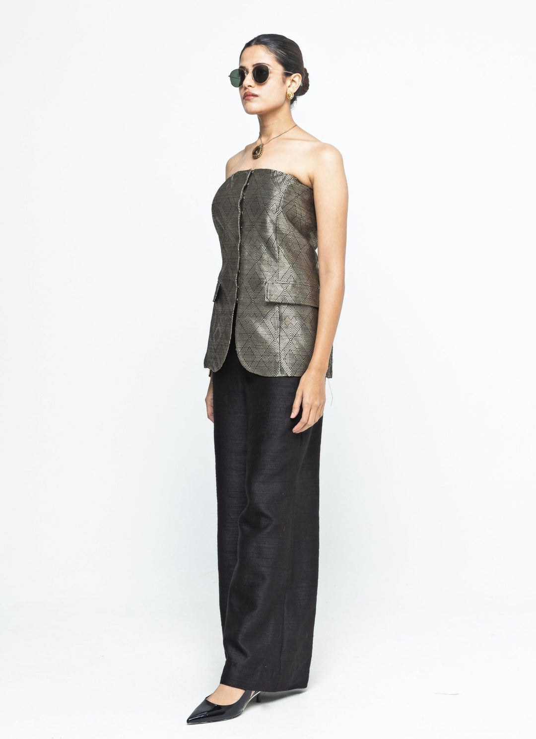 Black Brocade Silk Tube Jacket With Pants Sobariko - Fabilicious Fashion