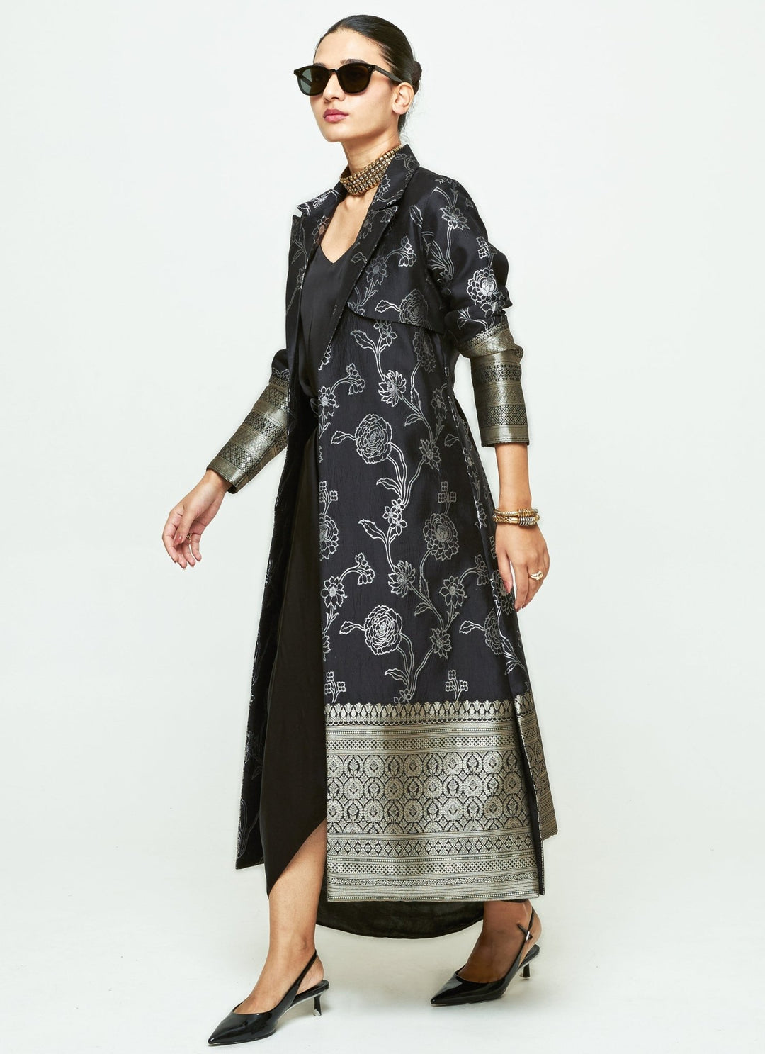 Sobariko Black Brocade Trench Jacket With Draped DressFabilicious Fashion