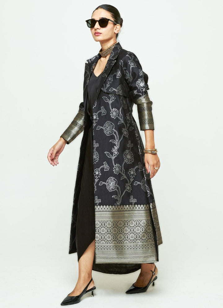 Sobariko Black Brocade Trench Jacket With Draped DressFabilicious Fashion