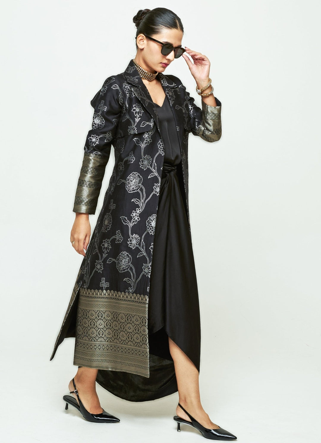 Sobariko Black Brocade Trench Jacket With Draped DressFabilicious Fashion