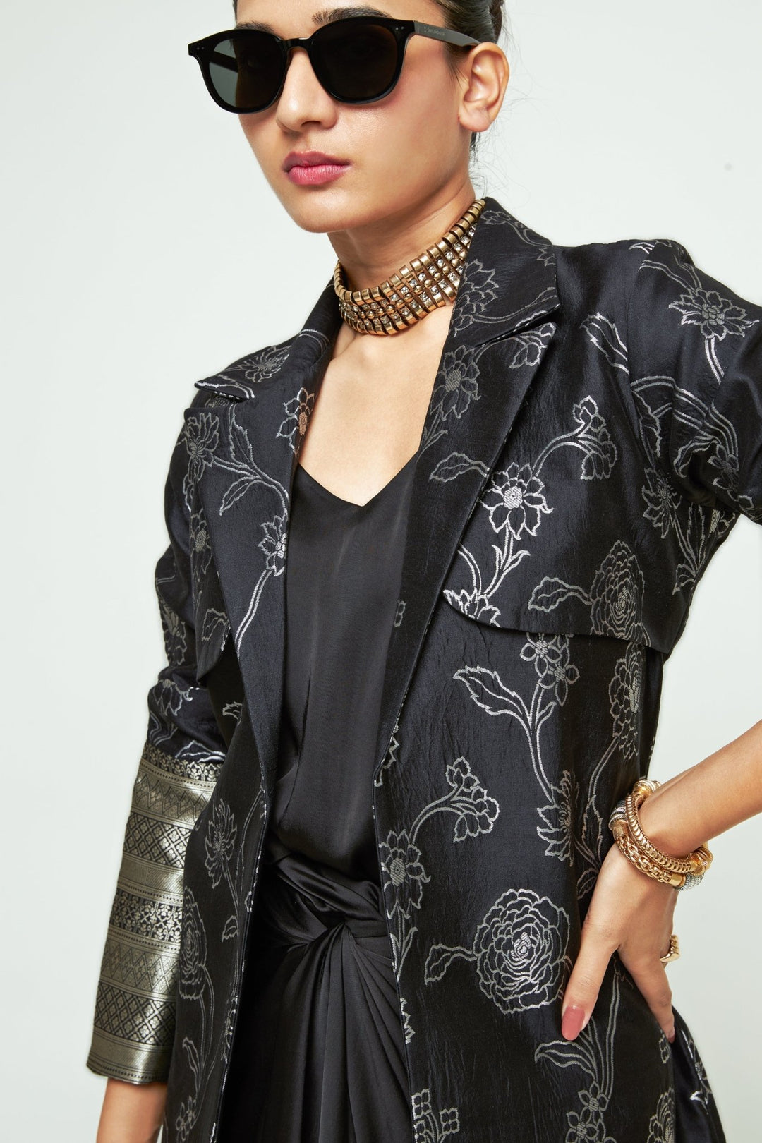 Sobariko Black Brocade Trench Jacket With Draped DressFabilicious Fashion