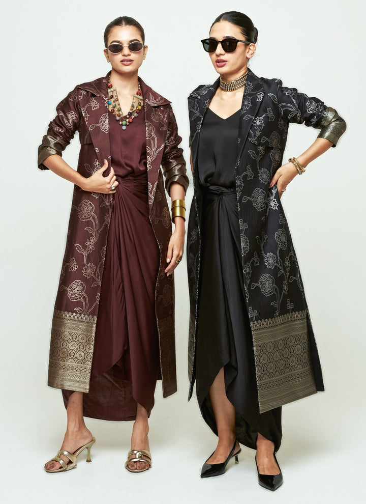 Sobariko Black Brocade Trench Jacket With Draped DressFabilicious Fashion