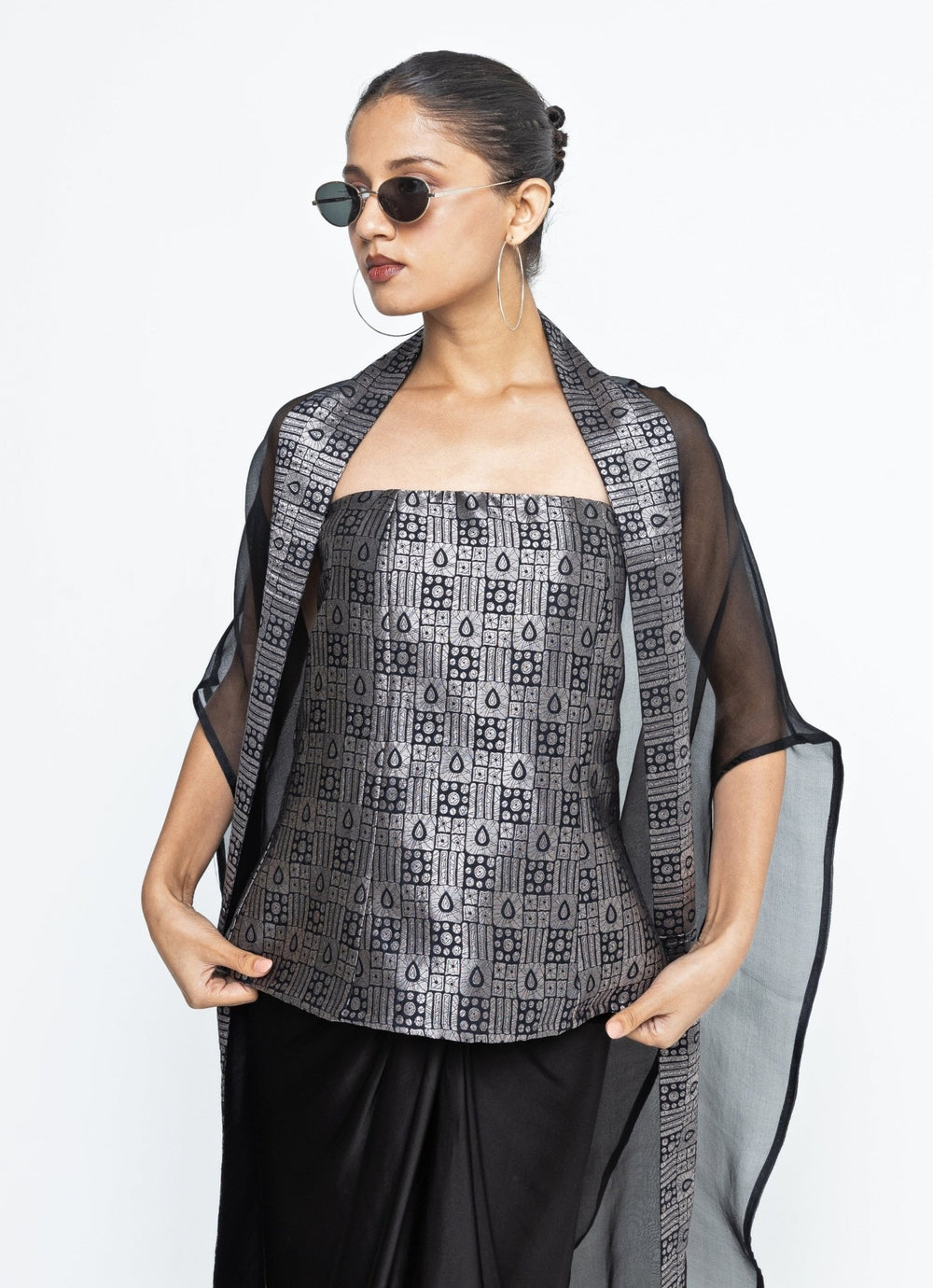 Black Brocade Tube Top With Drape Skirt Sobariko - Fabilicious Fashion