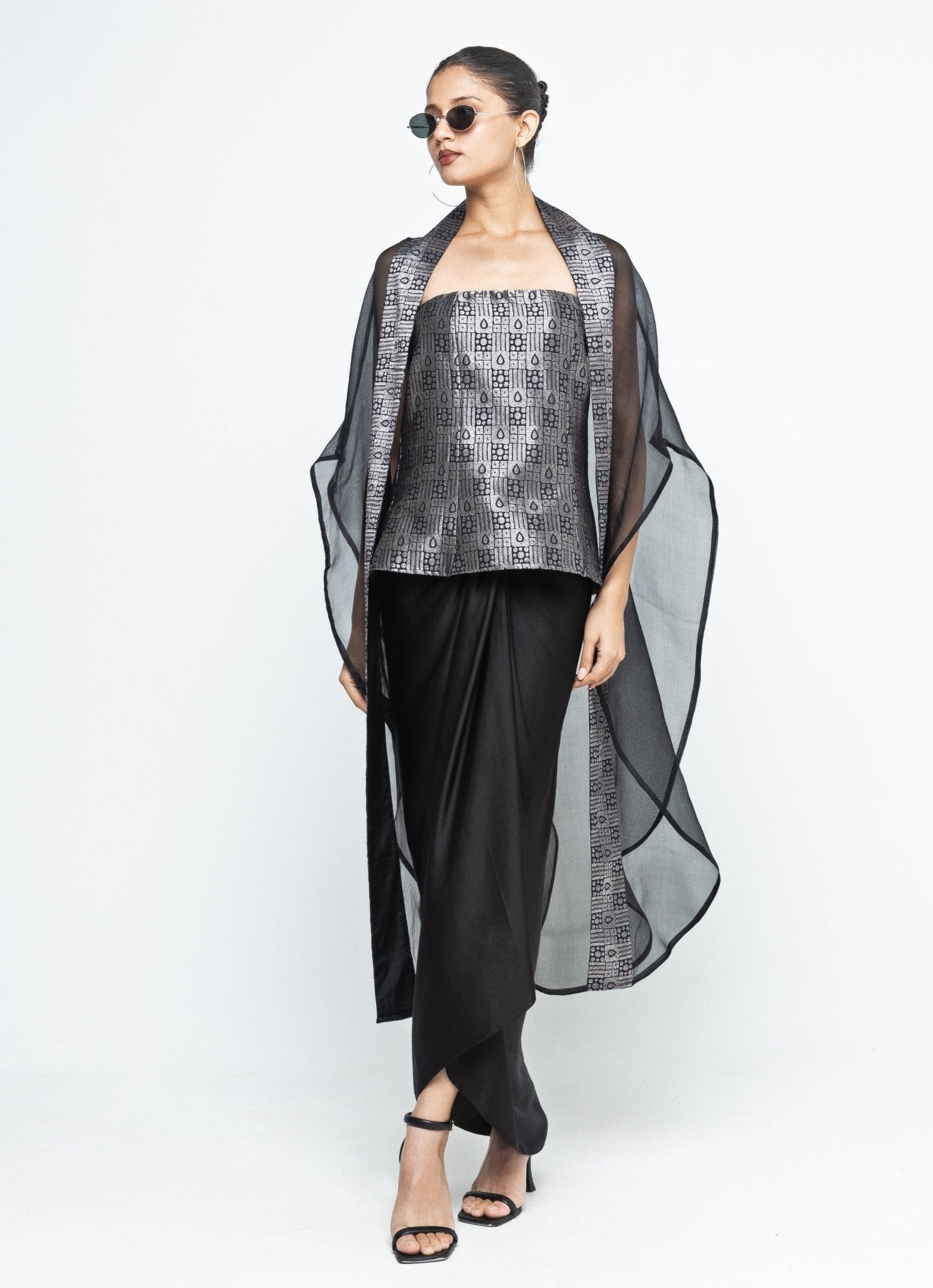 Sobariko black brocade tube top with drape skirt — cocktail-ready drape skirt look