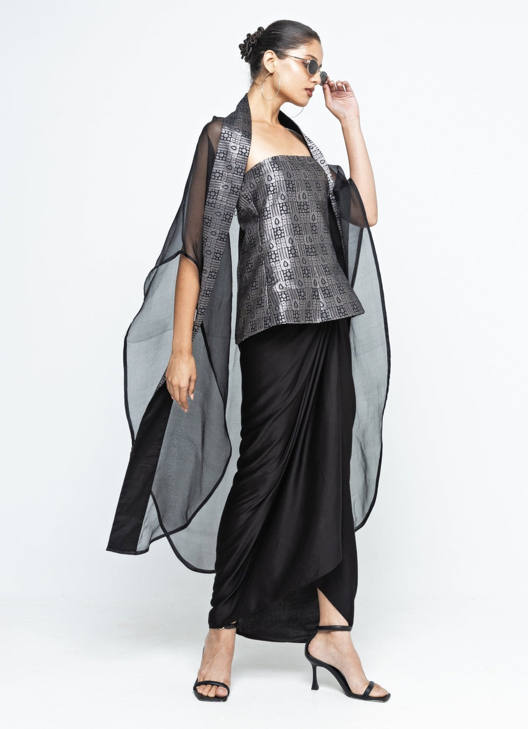 Black Brocade Tube Top With Drape Skirt Sobariko - Fabilicious Fashion