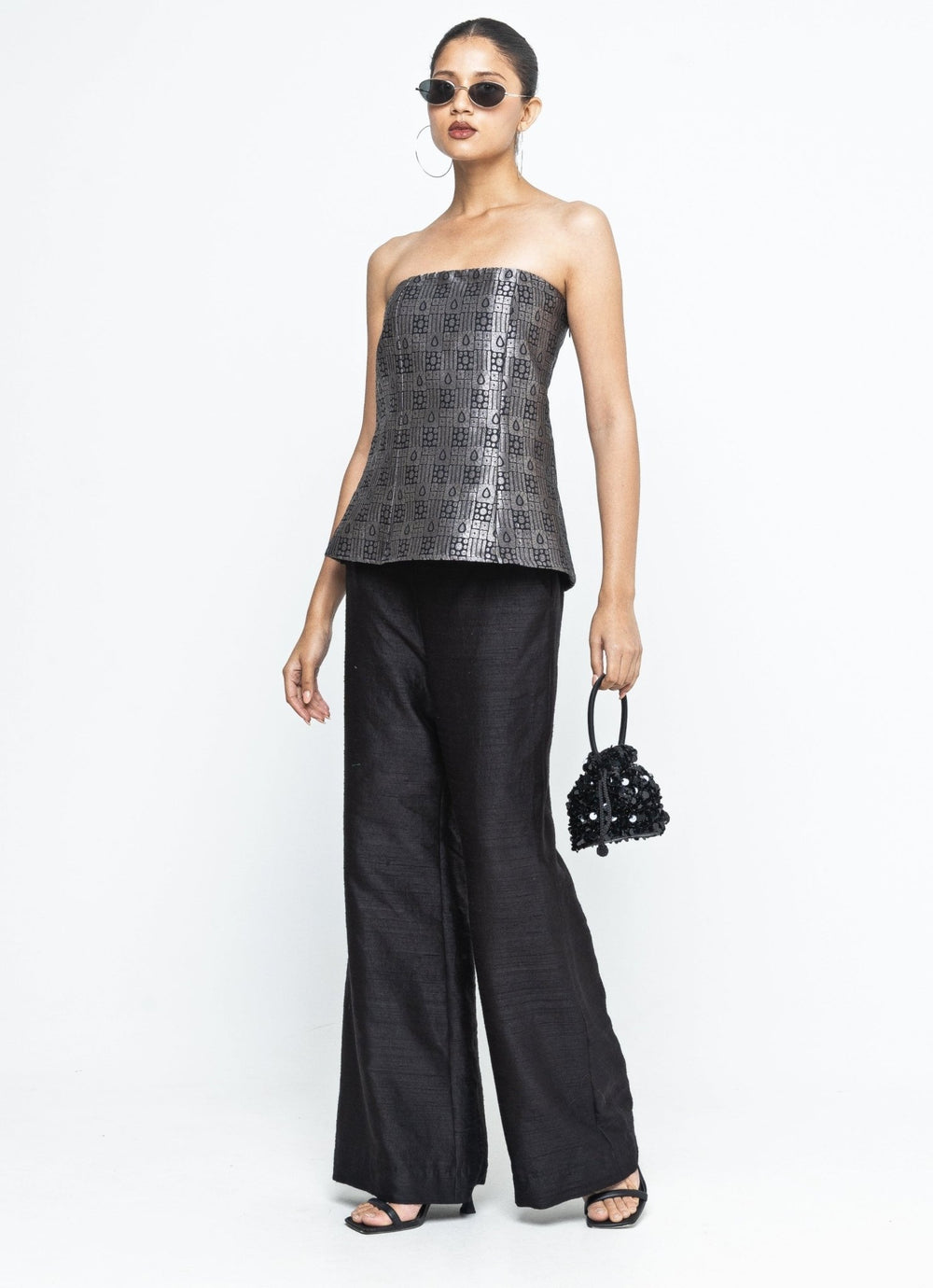 Black Brocade Tube Top With Silk Pants Sobariko - Fabilicious Fashion