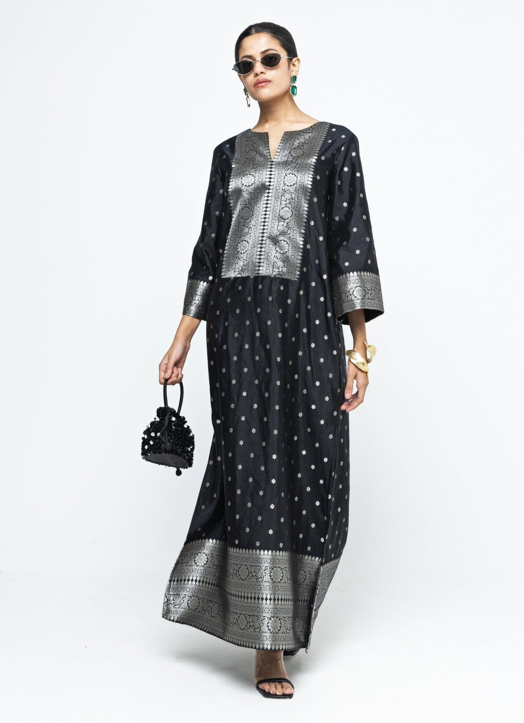 Black Butti Silk Slit Kaftan Sobariko - Fabilicious Fashion