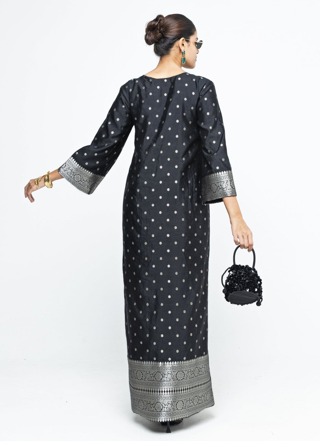 Black Butti Silk Slit Kaftan Sobariko - Fabilicious Fashion