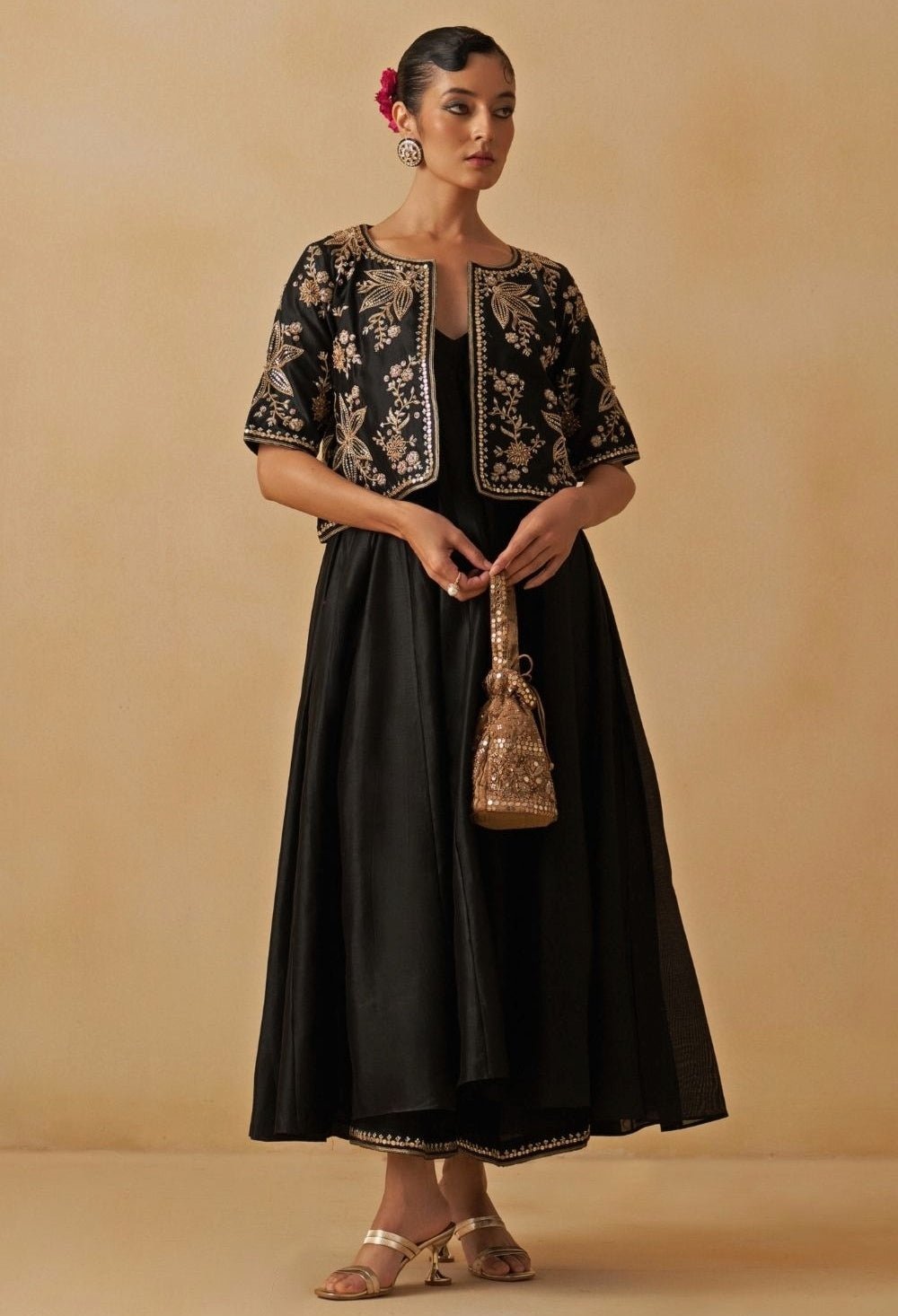 Black Chanderi Anarkali Set With Jacket Prevasu - Fabilicious Fashion