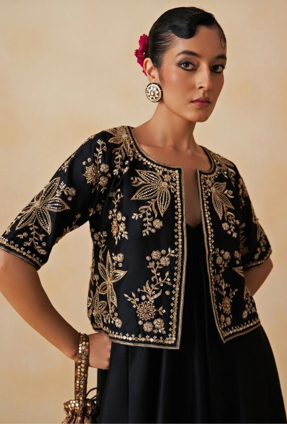 Black Chanderi Anarkali Set With Jacket Prevasu - Fabilicious Fashion