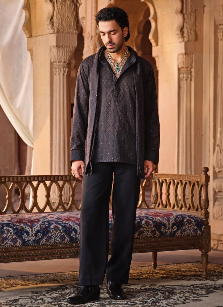 Darzi House Black Chanderi Jacquard Short Kurta SetFabilicious Fashion