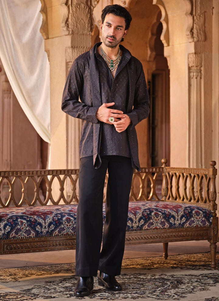 Darzi House Black Chanderi Jacquard Short Kurta SetFabilicious Fashion