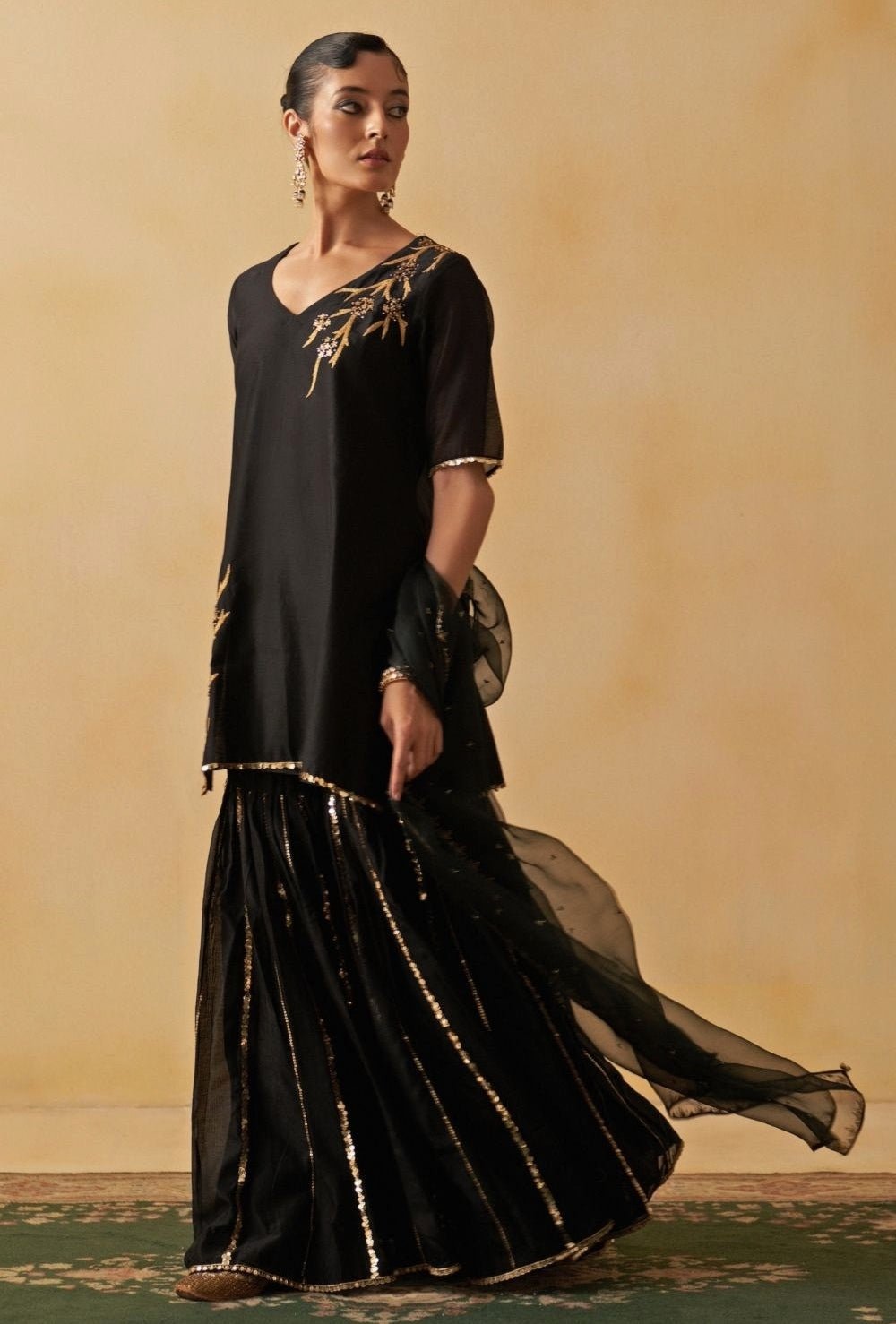 Black Chanderi Kurta Gharara Set Prevasu - Fabilicious Fashion