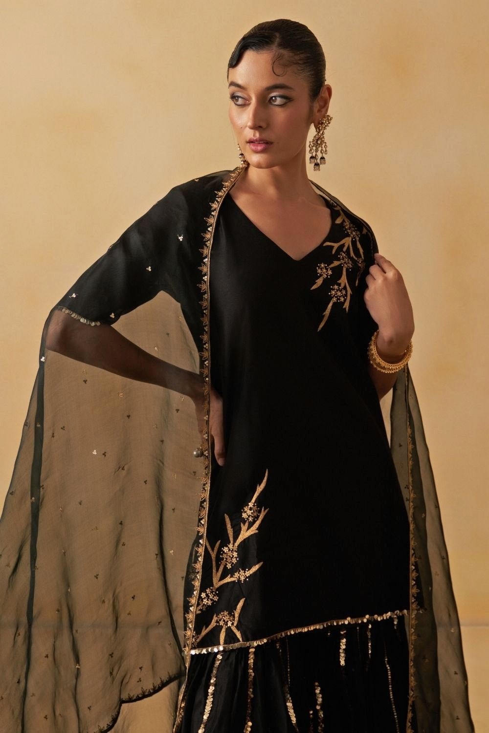 Black Chanderi Kurta Gharara Set Prevasu - Fabilicious Fashion
