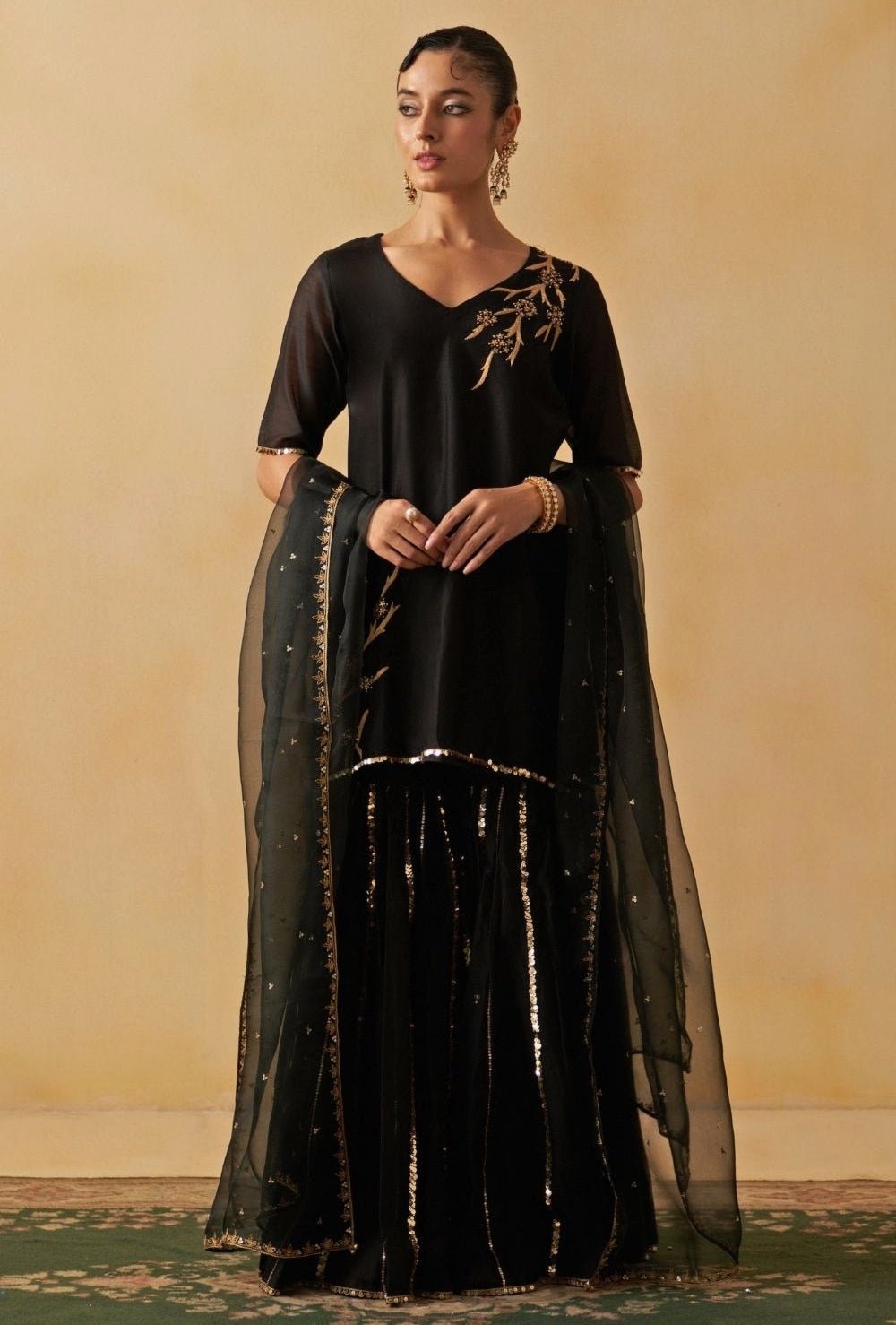 Black Chanderi Kurta Gharara Set Prevasu - Fabilicious Fashion