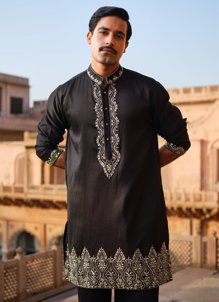 Darzi House Black Chanderi Silk Kurta Pants SetFabilicious Fashion