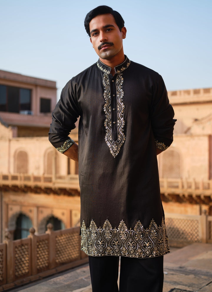 Darzi House Black Chanderi Silk Kurta Pants SetFabilicious Fashion