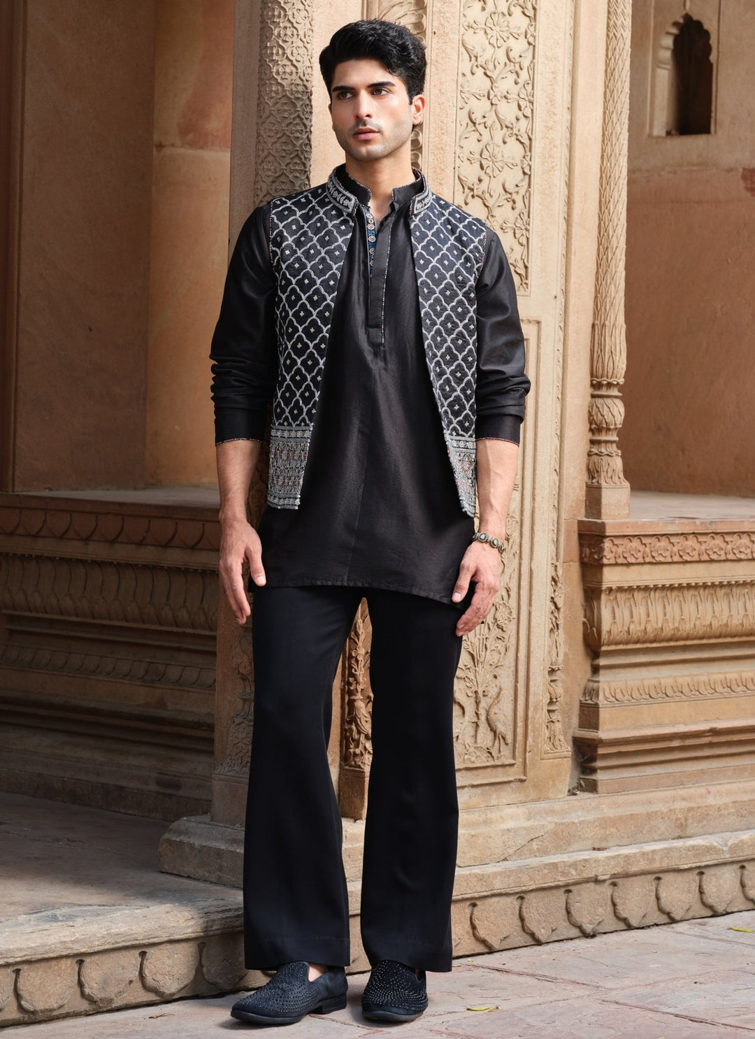 Darzi House Black Chanderi Silk Nehru Jacket SetFabilicious Fashion