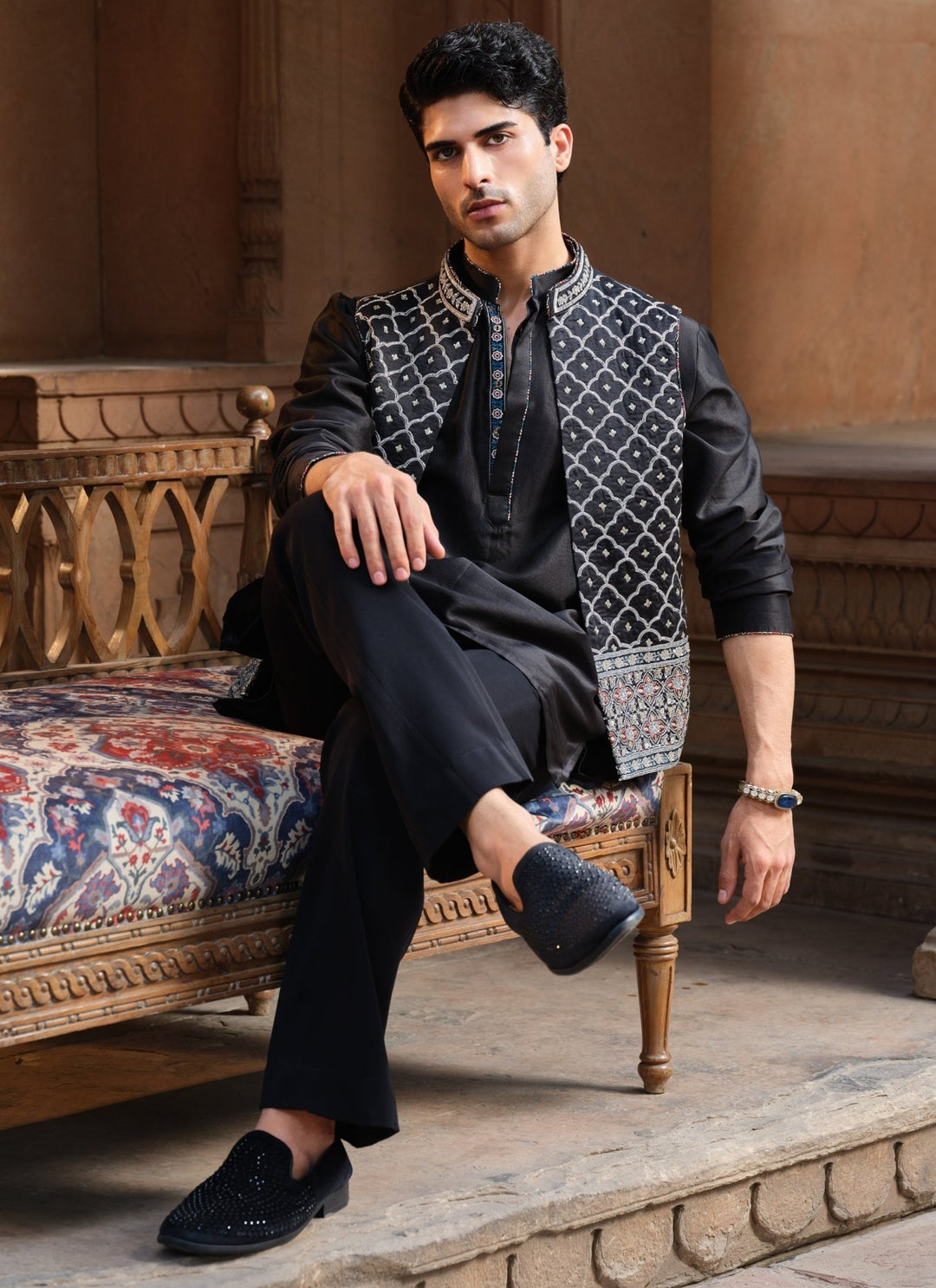 Darzi House Black Chanderi Silk Nehru Jacket SetFabilicious Fashion