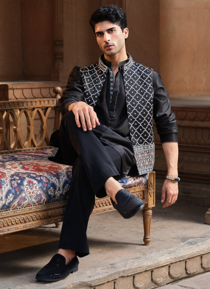 Darzi House Black Chanderi Silk Nehru Jacket SetFabilicious Fashion