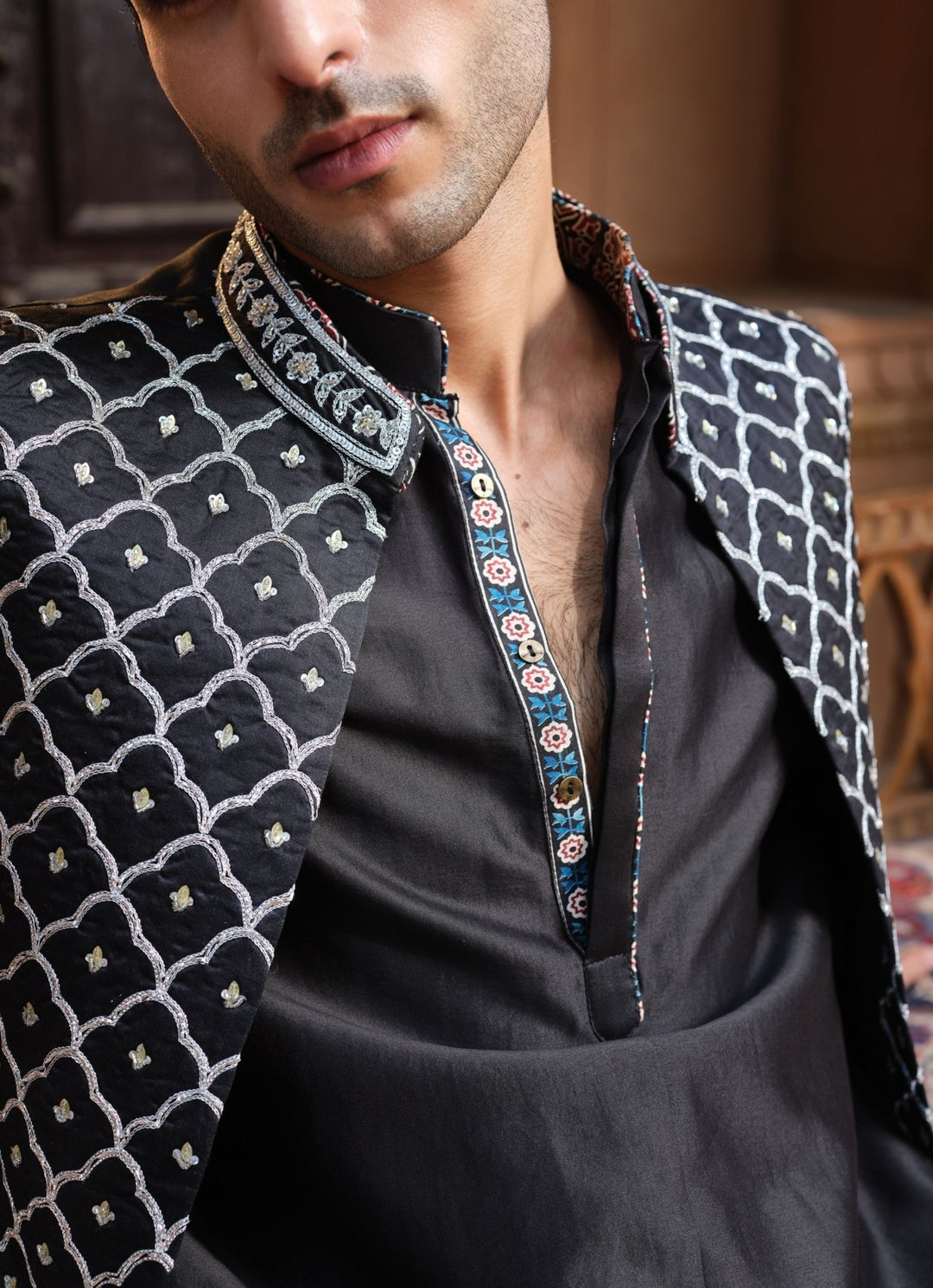 Darzi House Black Chanderi Silk Nehru Jacket SetFabilicious Fashion